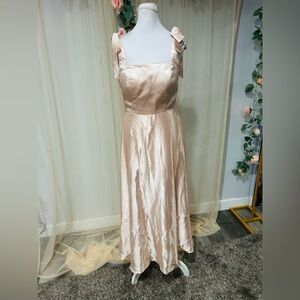 Chic Satin Blush Maxi Dress with bows on shoulder
